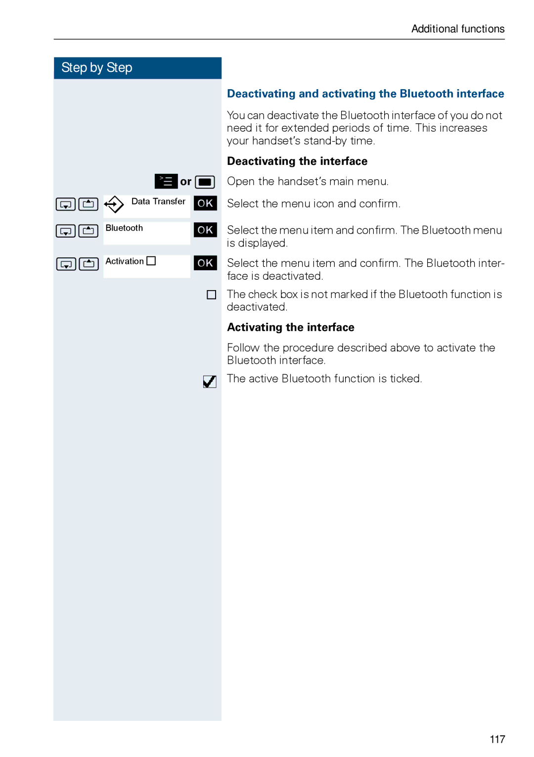 Siemens HiPath 500, HIPATH 3000 Deactivating and activating the Bluetooth interface, Deactivating the interface, 117 