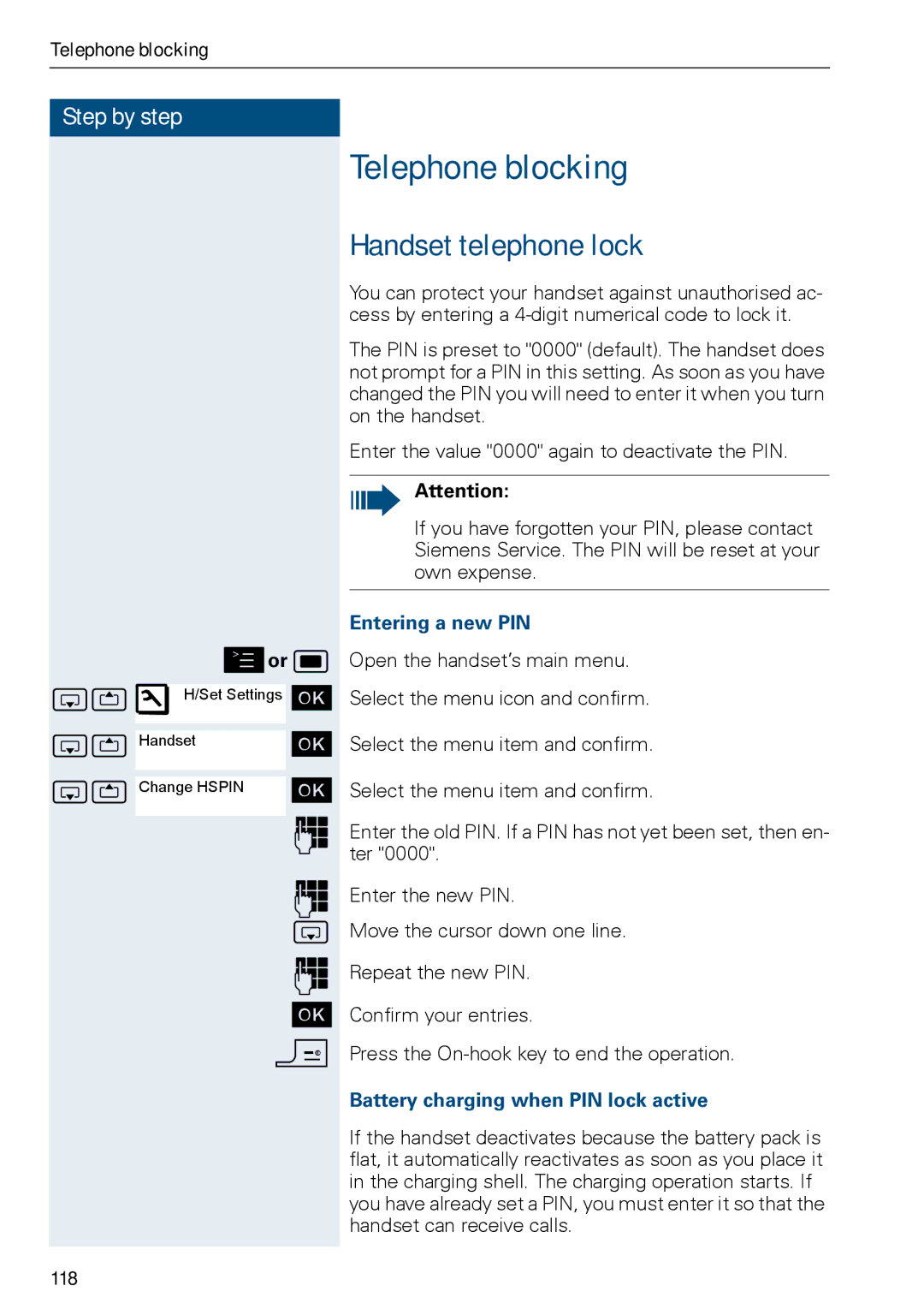 Siemens HIPATH 3000 Telephone blocking, Handset telephone lock, Entering a new PIN, Battery charging when PIN lock active 