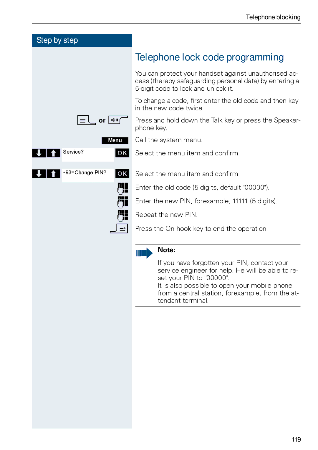 Siemens HiPath 500, HIPATH 3000 operating instructions Telephone lock code programming, 119 