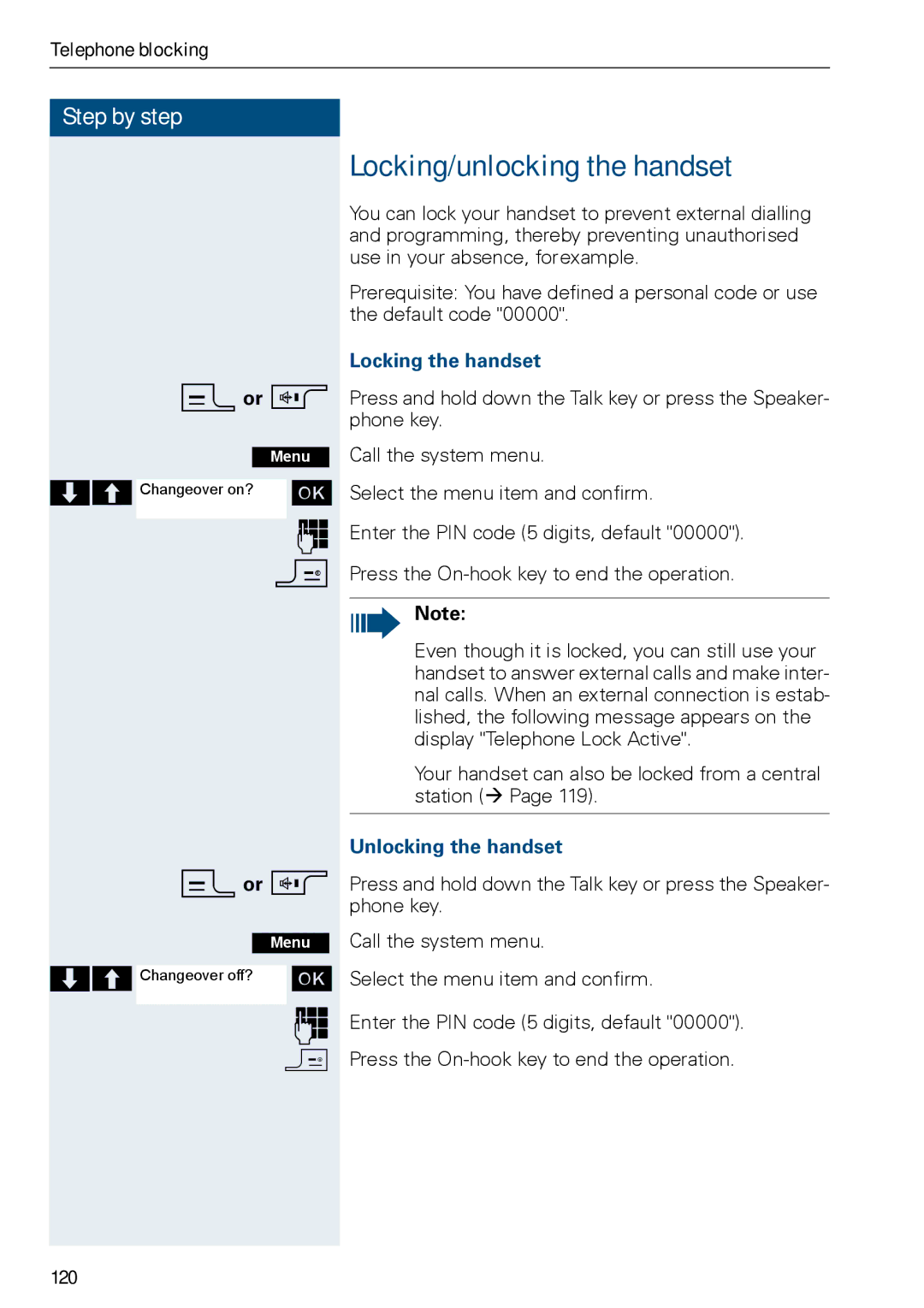 Siemens HIPATH 3000, HiPath 500 Locking/unlocking the handset, Locking the handset, Unlocking the handset, 120 