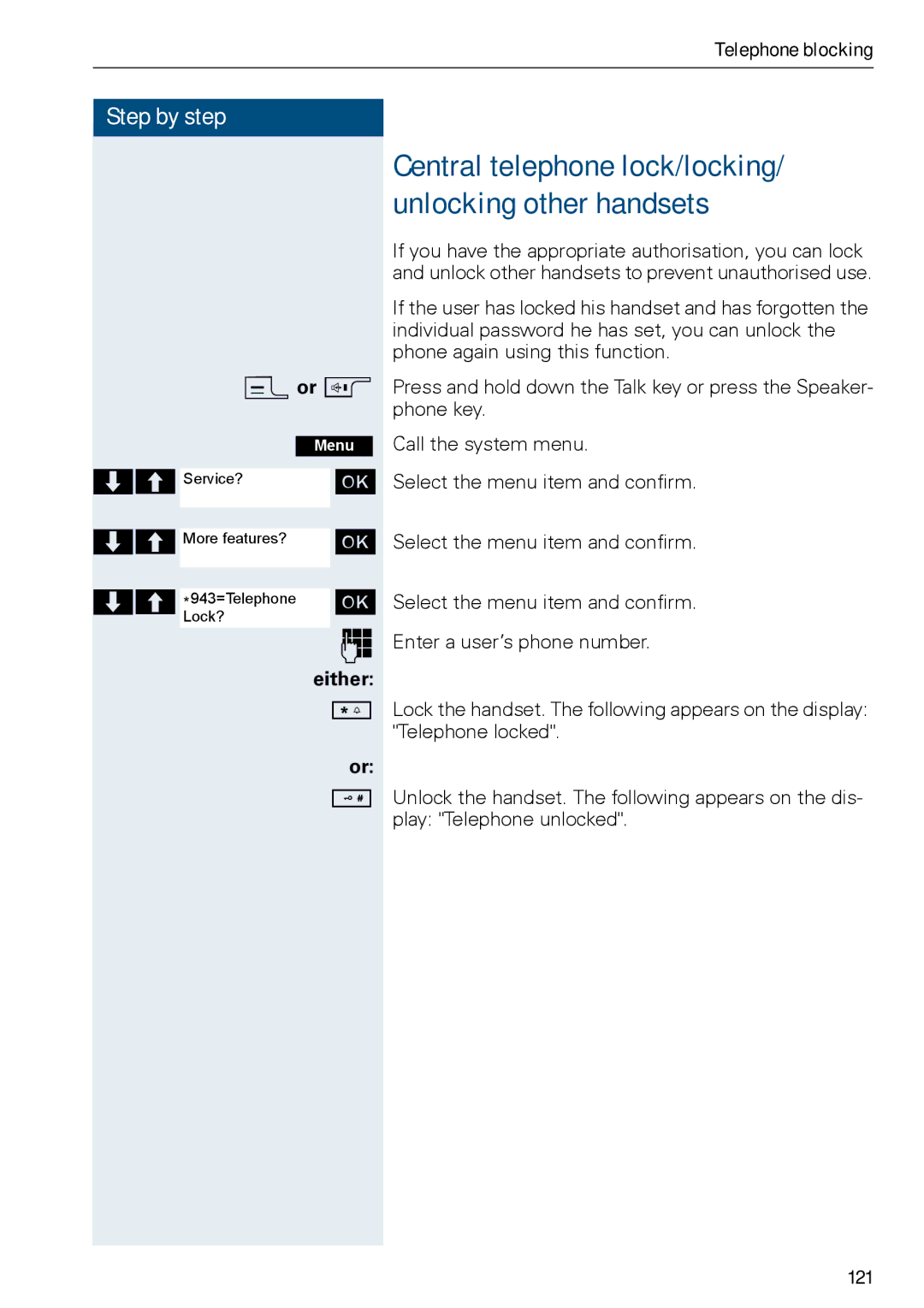Siemens HiPath 500, HIPATH 3000 operating instructions Central telephone lock/locking/ unlocking other handsets, 121 