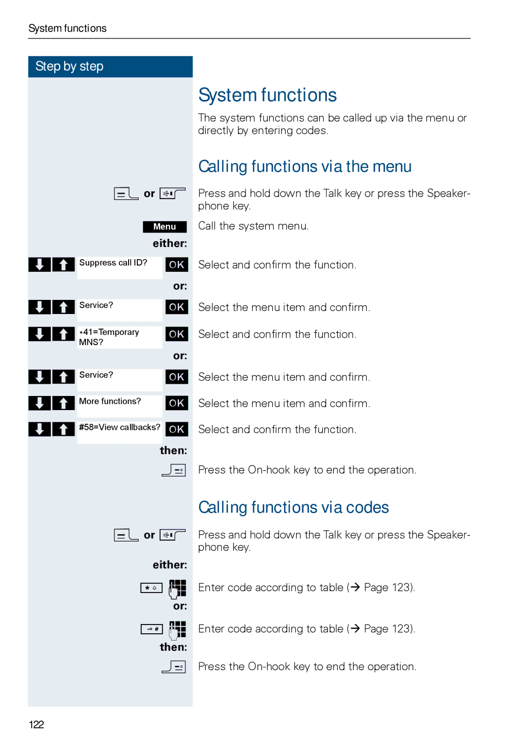 Siemens HIPATH 3000, HiPath 500 System functions, Calling functions via the menu, Calling functions via codes 