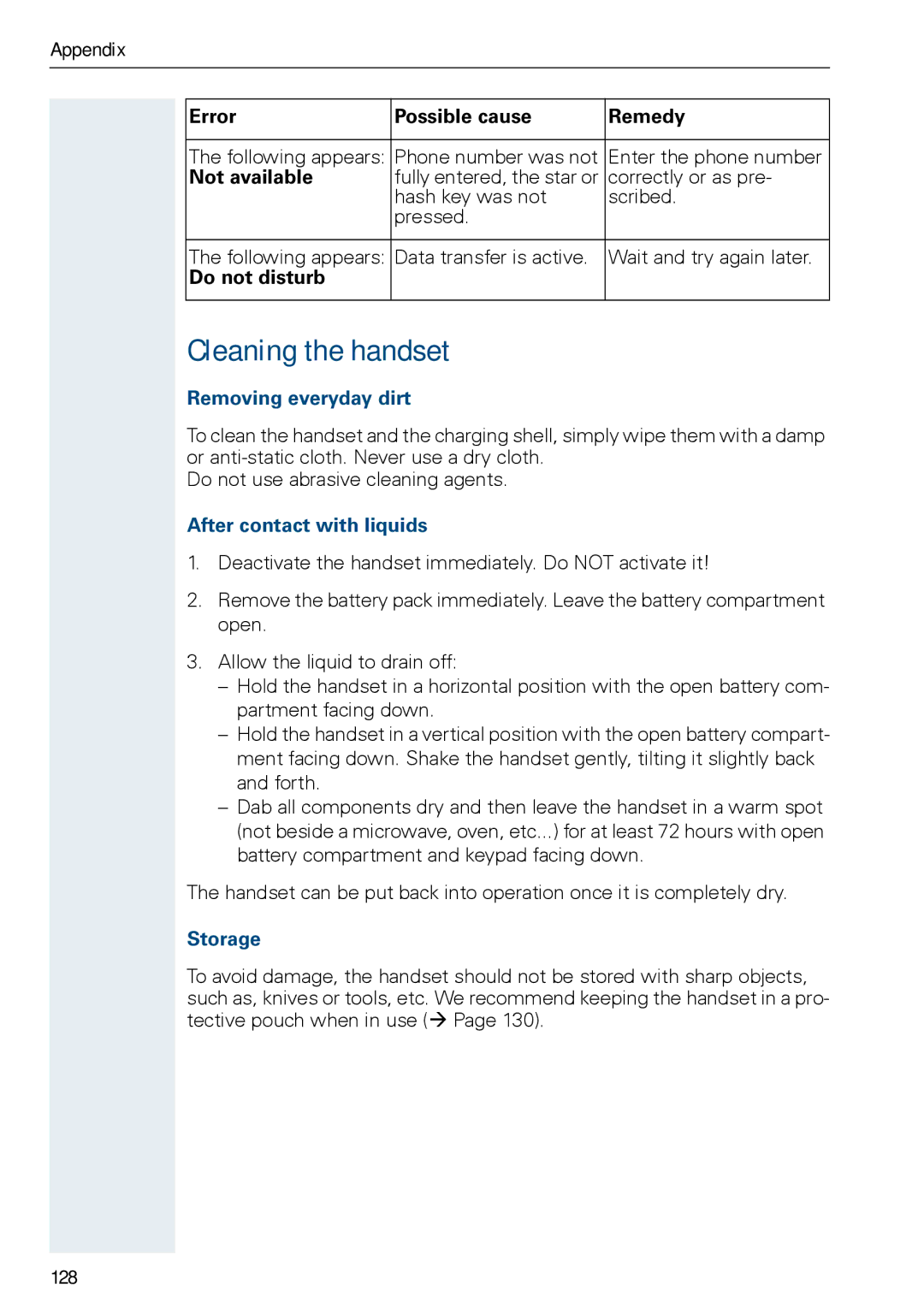 Siemens HIPATH 3000, HiPath 500 Cleaning the handset, Removing everyday dirt, After contact with liquids, Storage 