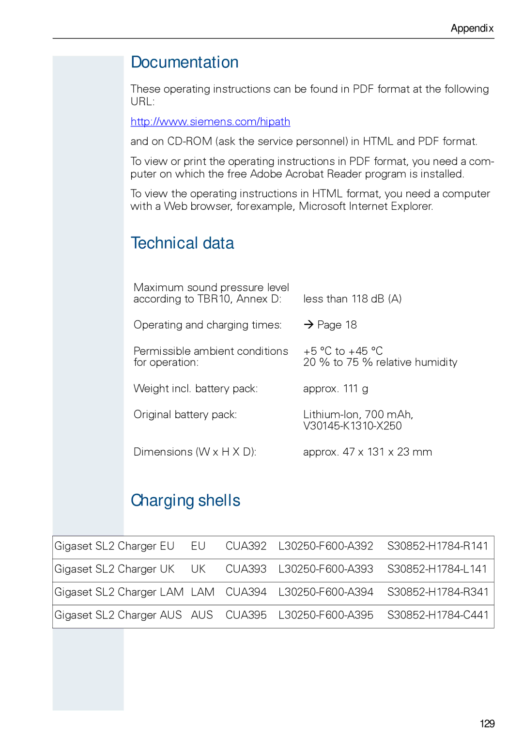 Siemens HiPath 500, HIPATH 3000 operating instructions Documentation, Technical data, Charging shells, 129 