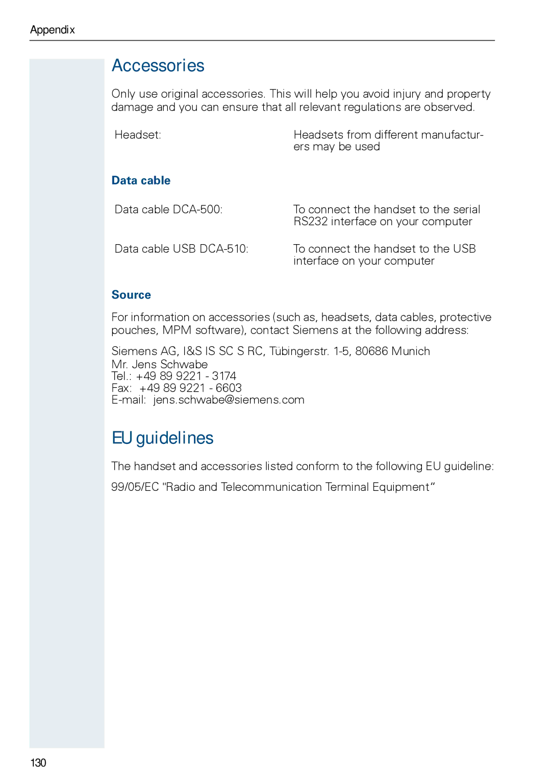 Siemens HIPATH 3000, HiPath 500 operating instructions Accessories, EU guidelines, Data cable, Source, 130 