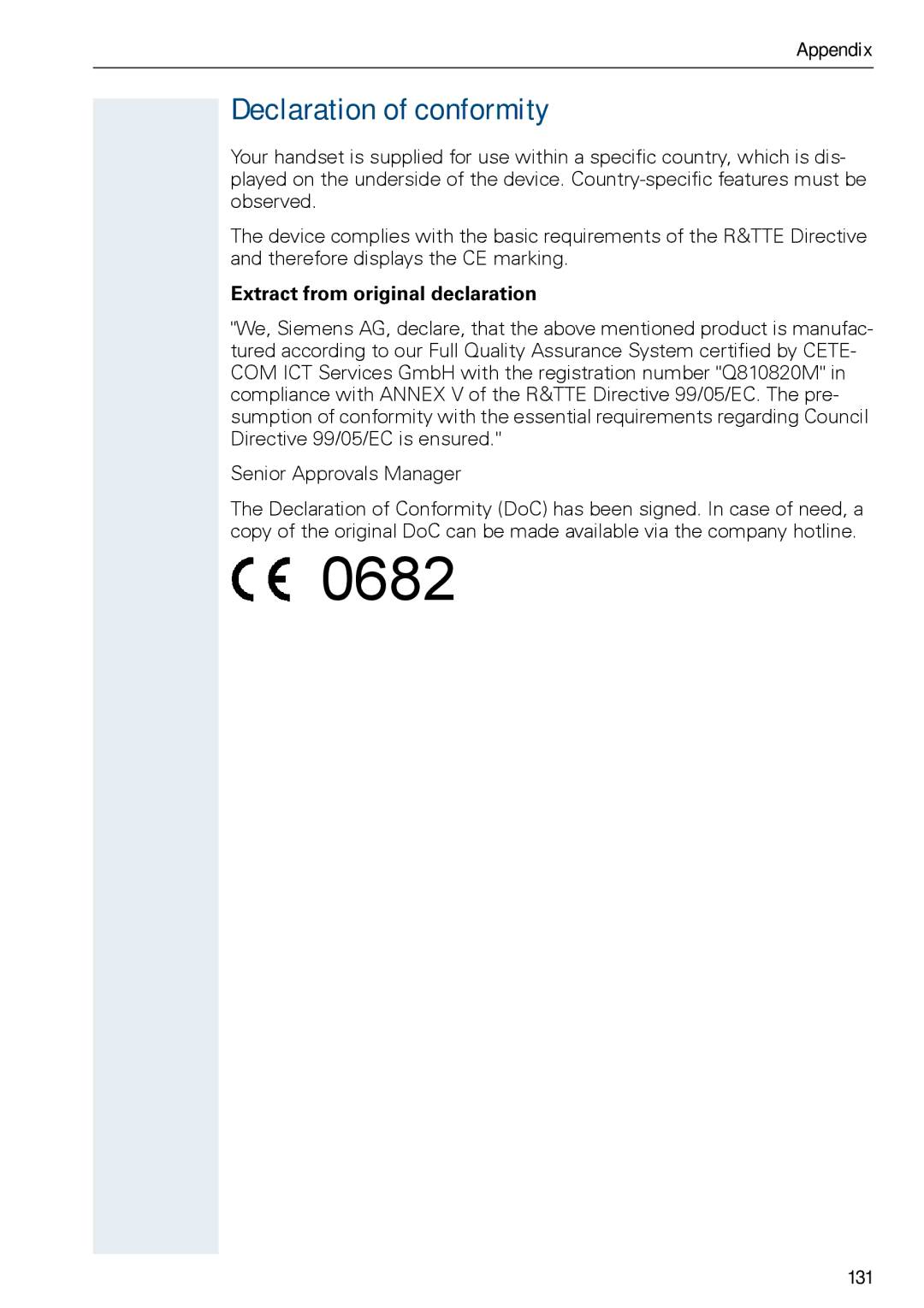 Siemens HiPath 500, HIPATH 3000 operating instructions Declaration of conformity, Extract from original declaration, 131 