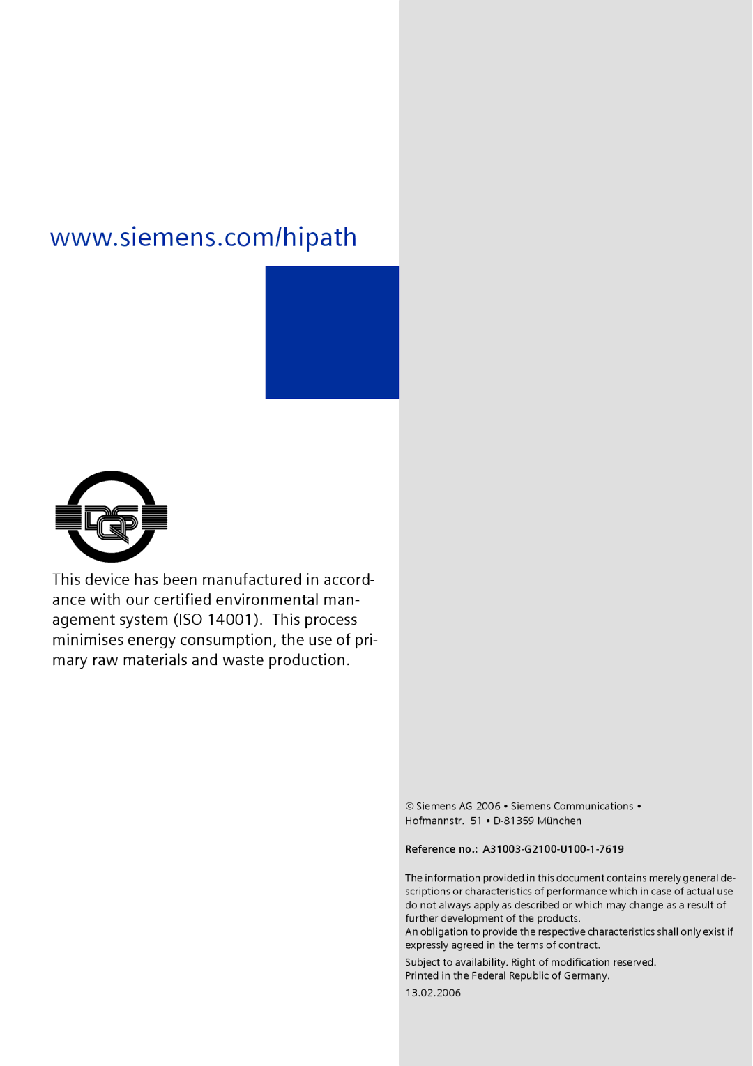 Siemens HIPATH 3000, HiPath 500 operating instructions Reference no. A31003-G2100-U100-1-7619 