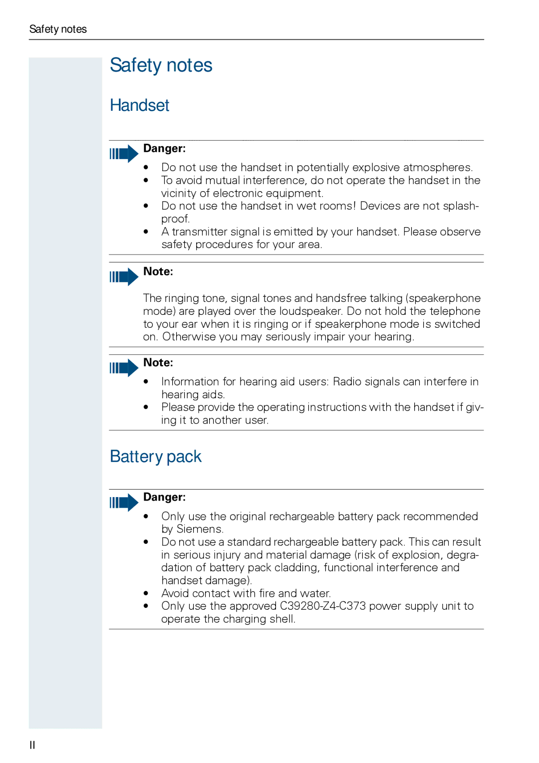 Siemens HIPATH 3000, HiPath 500 operating instructions Safety notes, Handset, Battery pack 