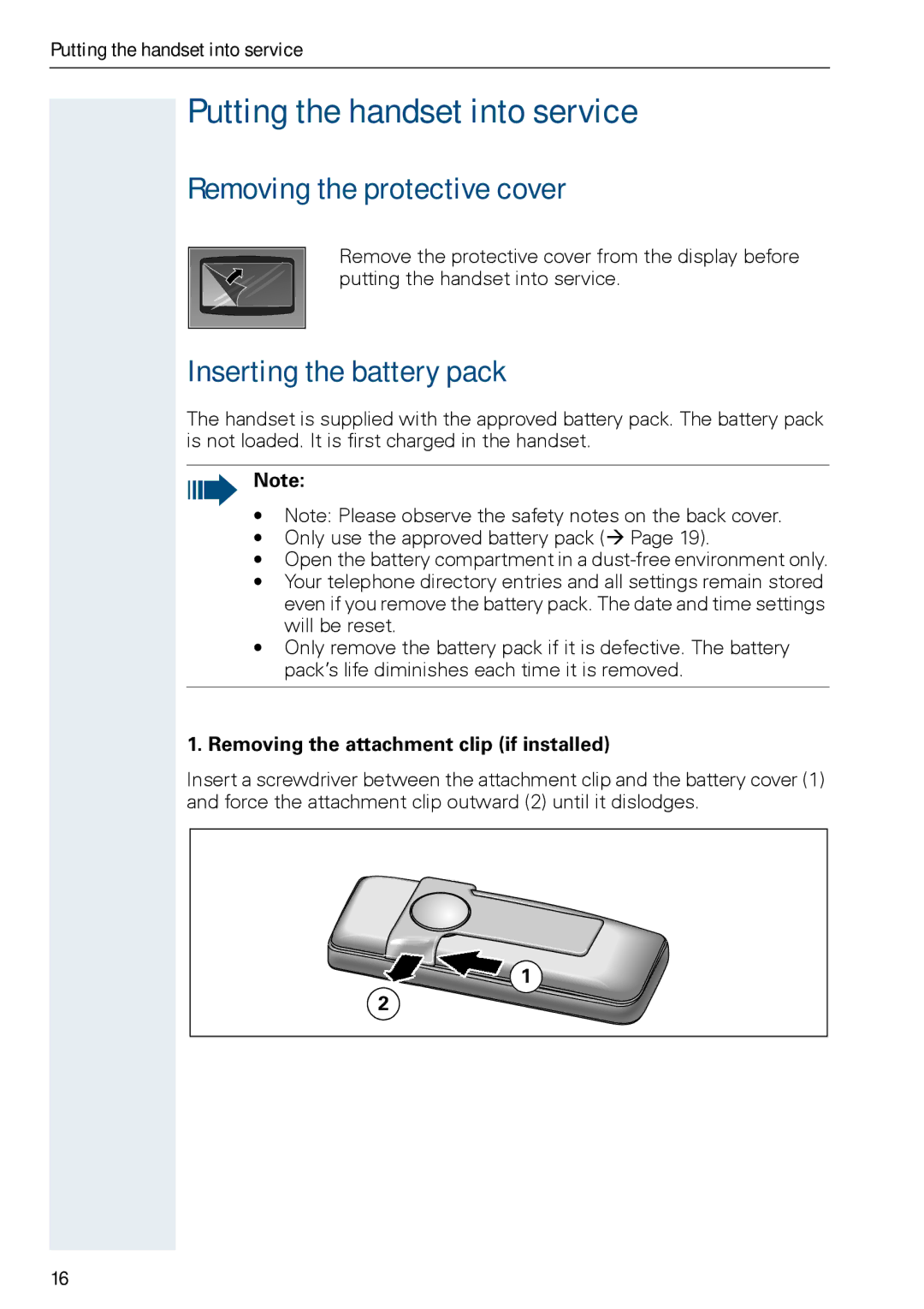 Siemens HIPATH 3000 Putting the handset into service, Removing the protective cover, Inserting the battery pack 