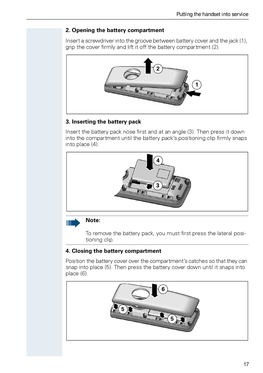 Siemens HiPath 500, HIPATH 3000 operating instructions Inserting the battery pack, Closing the battery compartment 