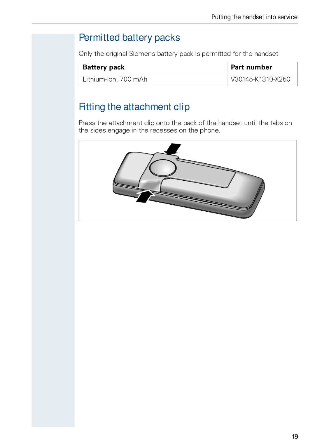 Siemens HiPath 500, HIPATH 3000 Permitted battery packs, Fitting the attachment clip, Battery pack Part number 