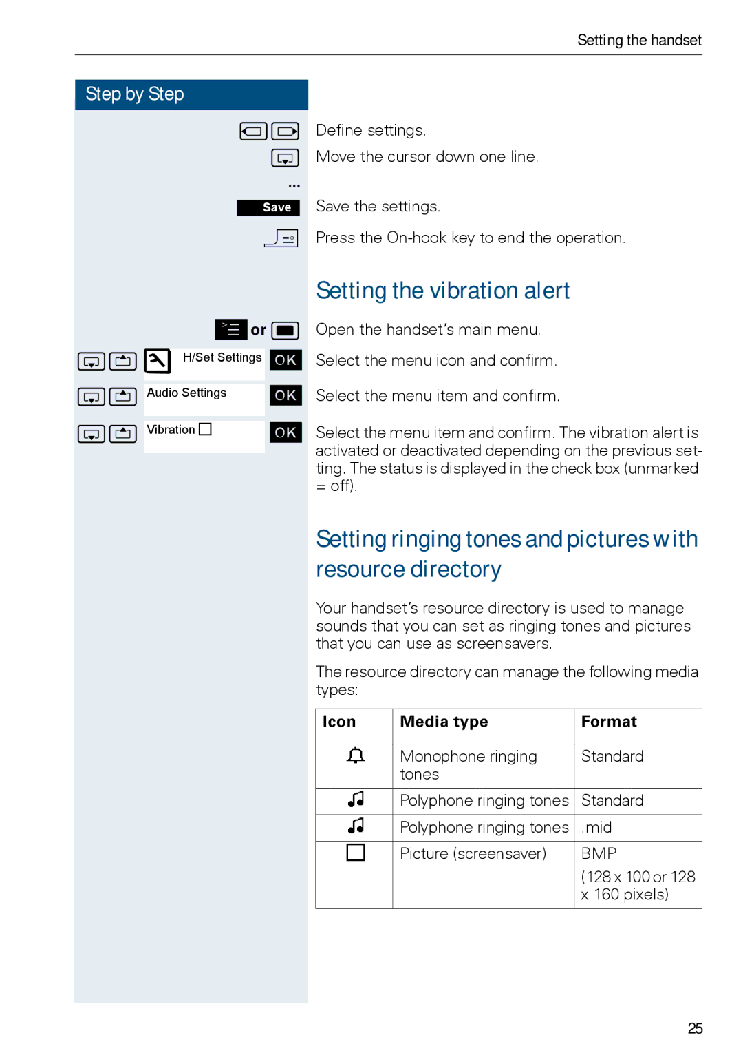 Siemens HiPath 500, HIPATH 3000 operating instructions Setting the vibration alert, Icon Media type Format 