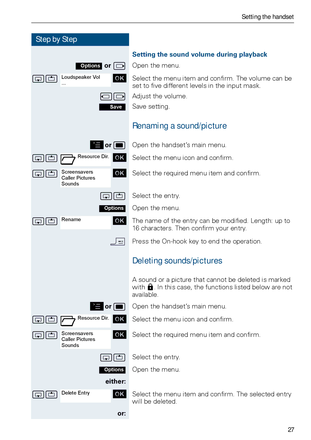 Siemens HiPath 500 Renaming a sound/picture, Deleting sounds/pictures, Setting the sound volume during playback 