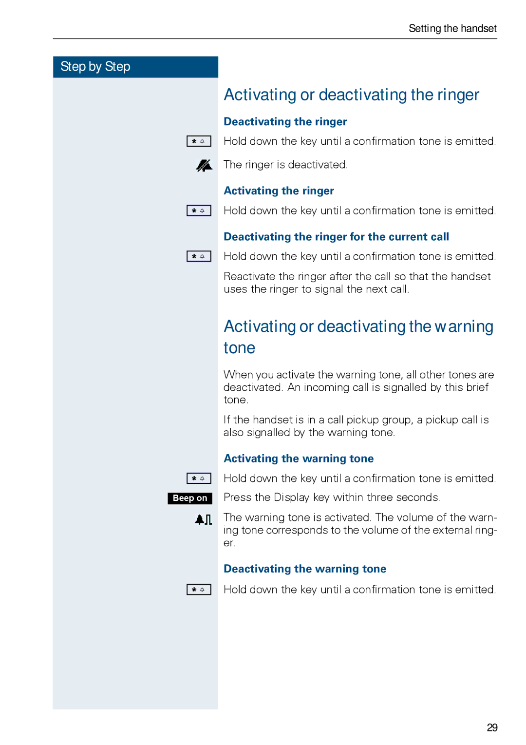 Siemens HiPath 500, HIPATH 3000 operating instructions Activating or deactivating the warning tone 