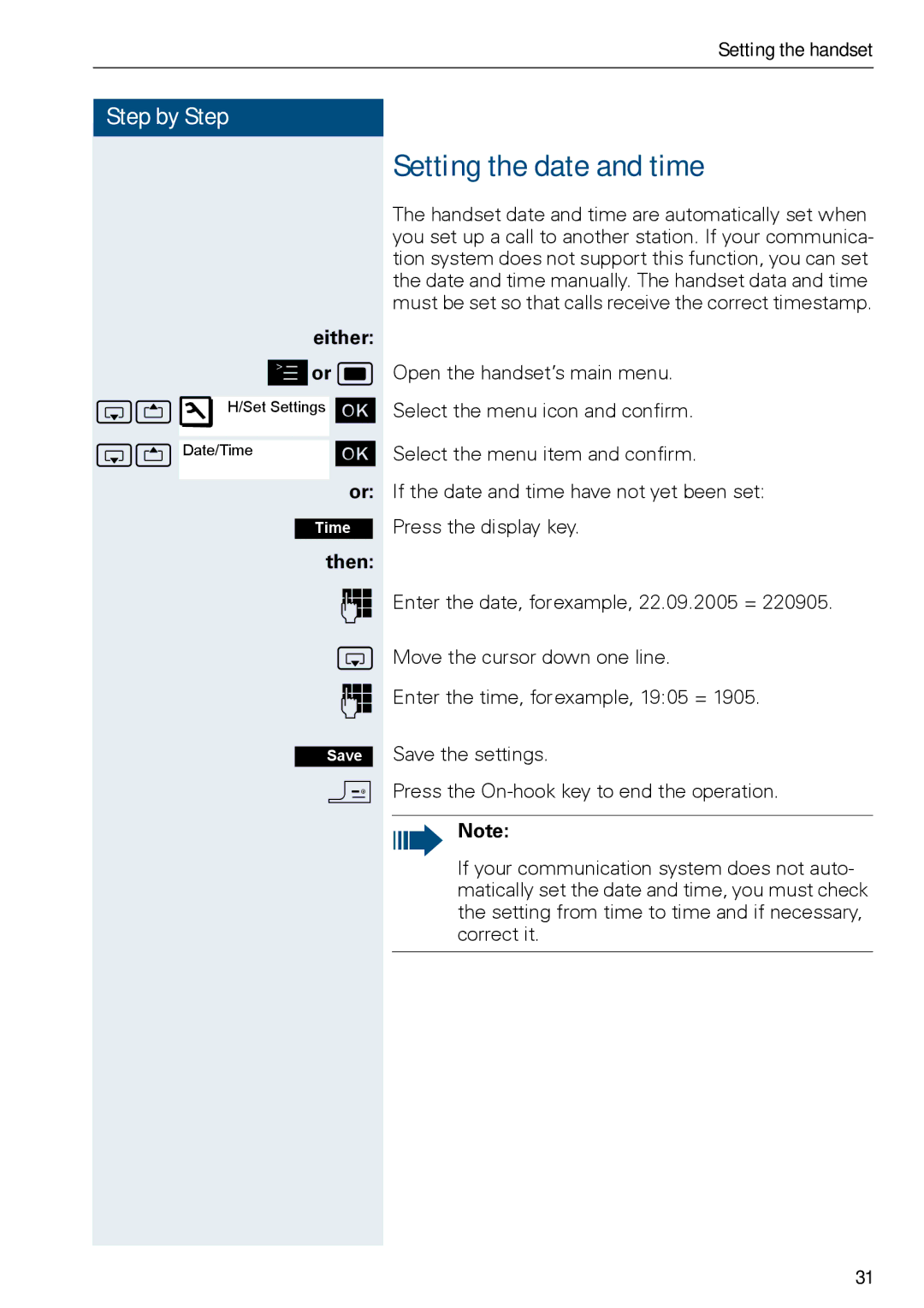 Siemens HiPath 500, HIPATH 3000 operating instructions Setting the date and time, Either or w 