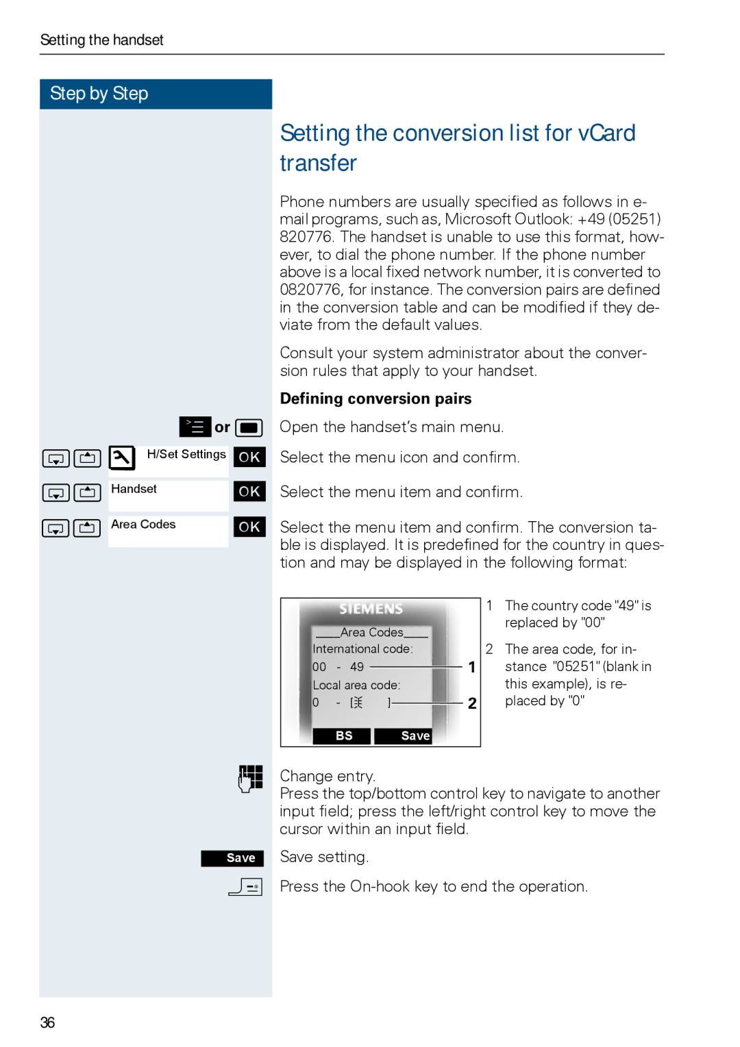 Siemens HIPATH 3000, HiPath 500 Setting the conversion list for vCard transfer, Defining conversion pairs 