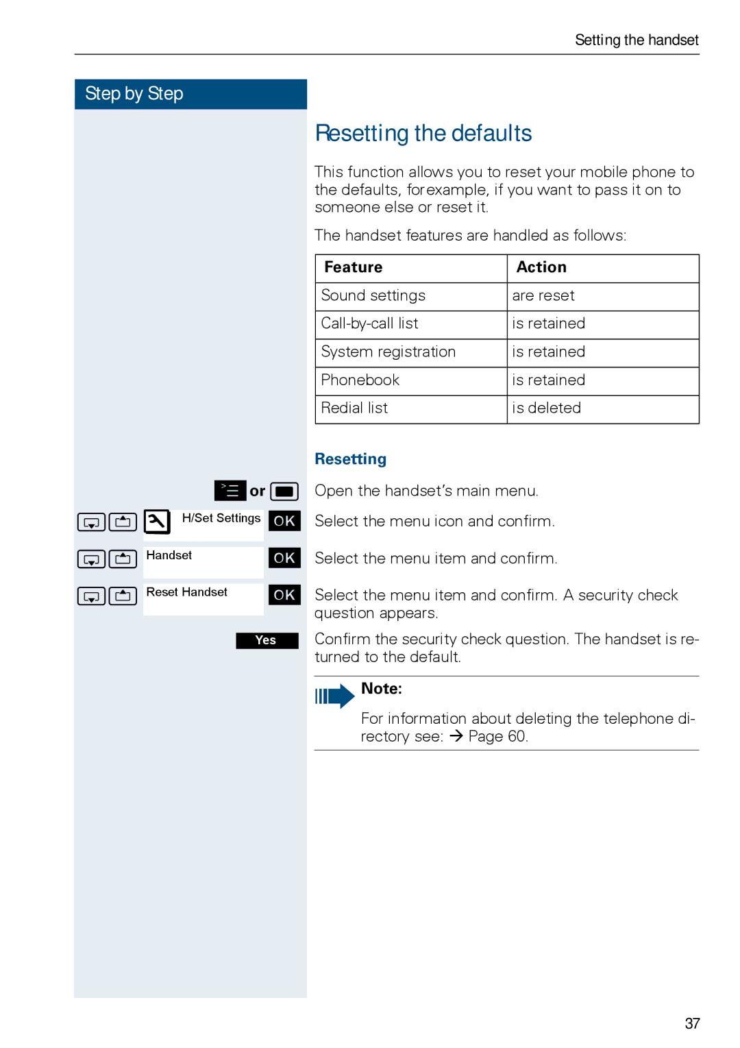 Siemens HiPath 500, HIPATH 3000 operating instructions Resetting the defaults, Feature Action 