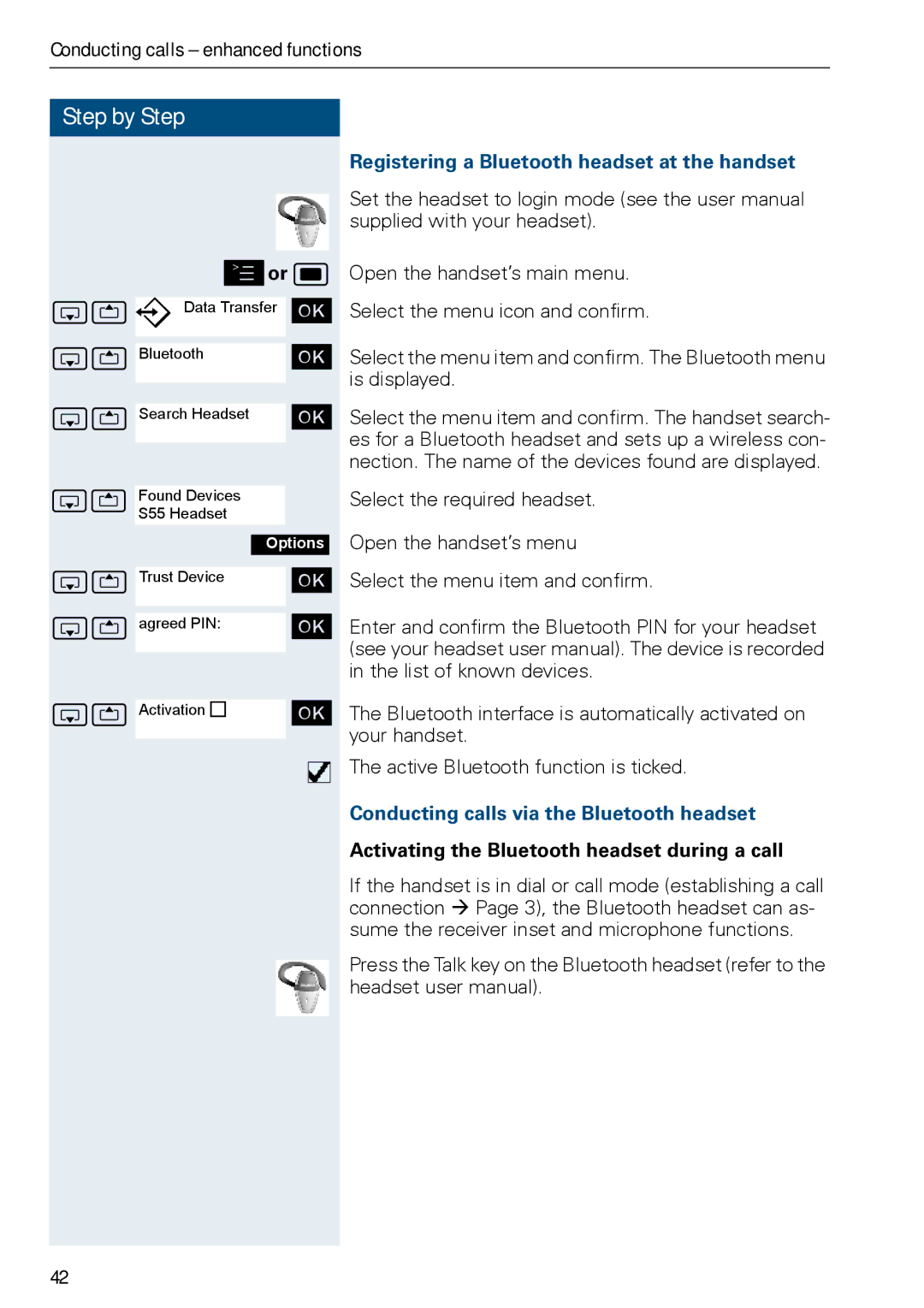 Siemens HIPATH 3000, HiPath 500 Registering a Bluetooth headset at the handset, Conducting calls via the Bluetooth headset 