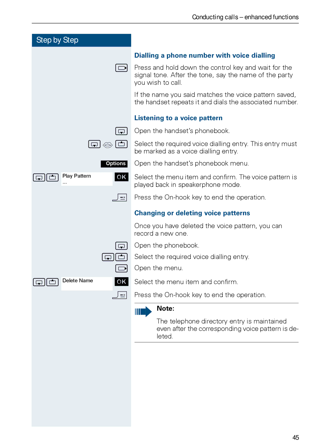 Siemens HiPath 500, HIPATH 3000 Dialling a phone number with voice dialling, Listening to a voice pattern 