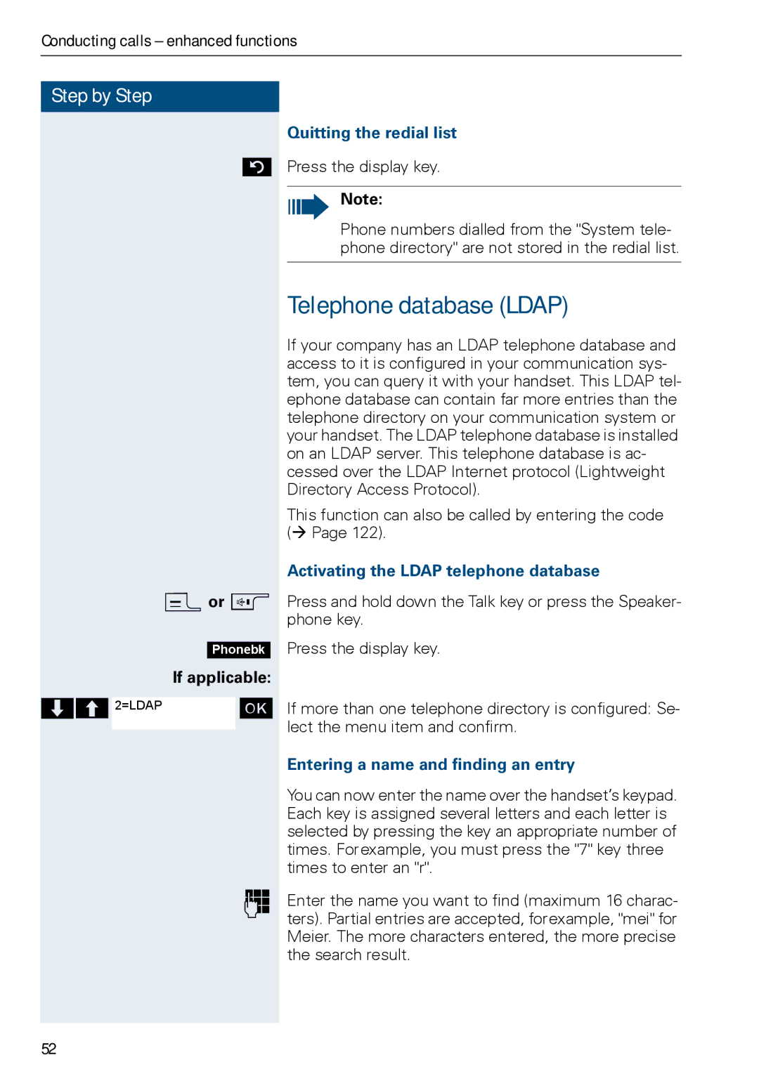 Siemens HIPATH 3000, HiPath 500 Telephone database Ldap, Quitting the redial list, Activating the Ldap telephone database 