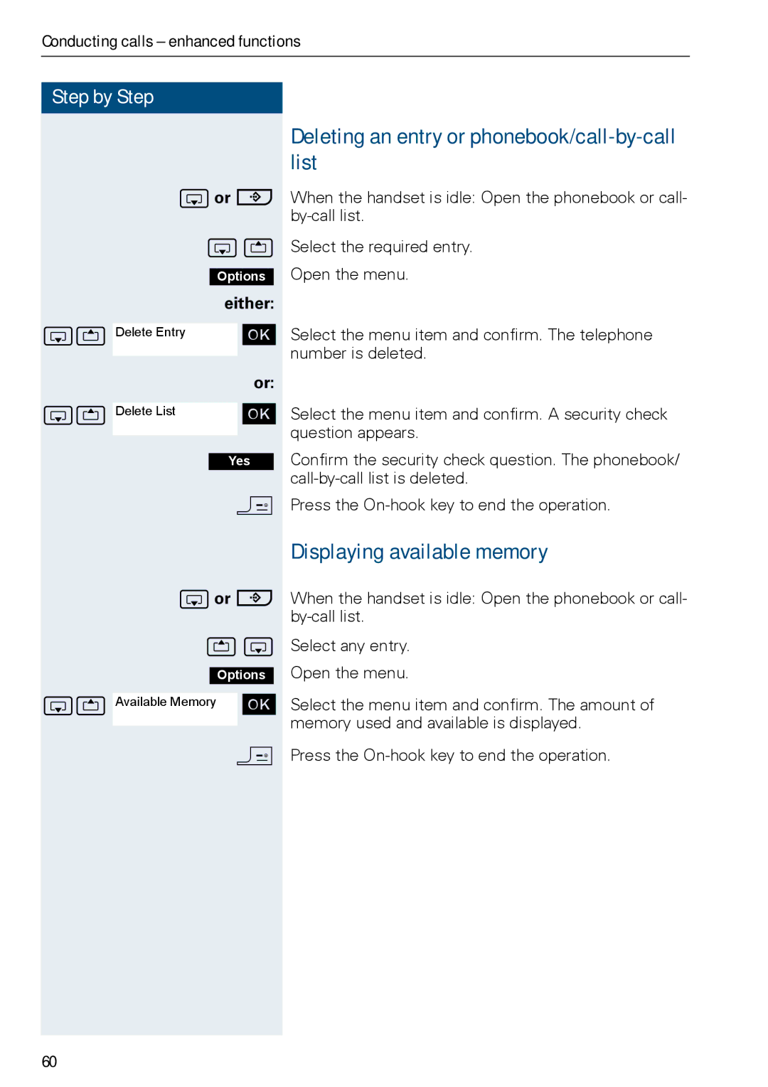 Siemens HIPATH 3000, HiPath 500 Deleting an entry or phonebook/call-by-call list, Displaying available memory, Sor C st 