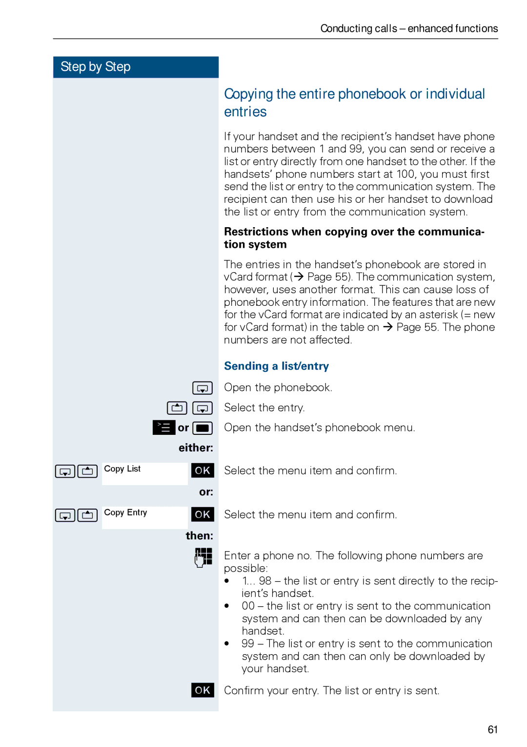 Siemens HiPath 500, HIPATH 3000 Copying the entire phonebook or individual entries, Ts or w Either, Sending a list/entry 