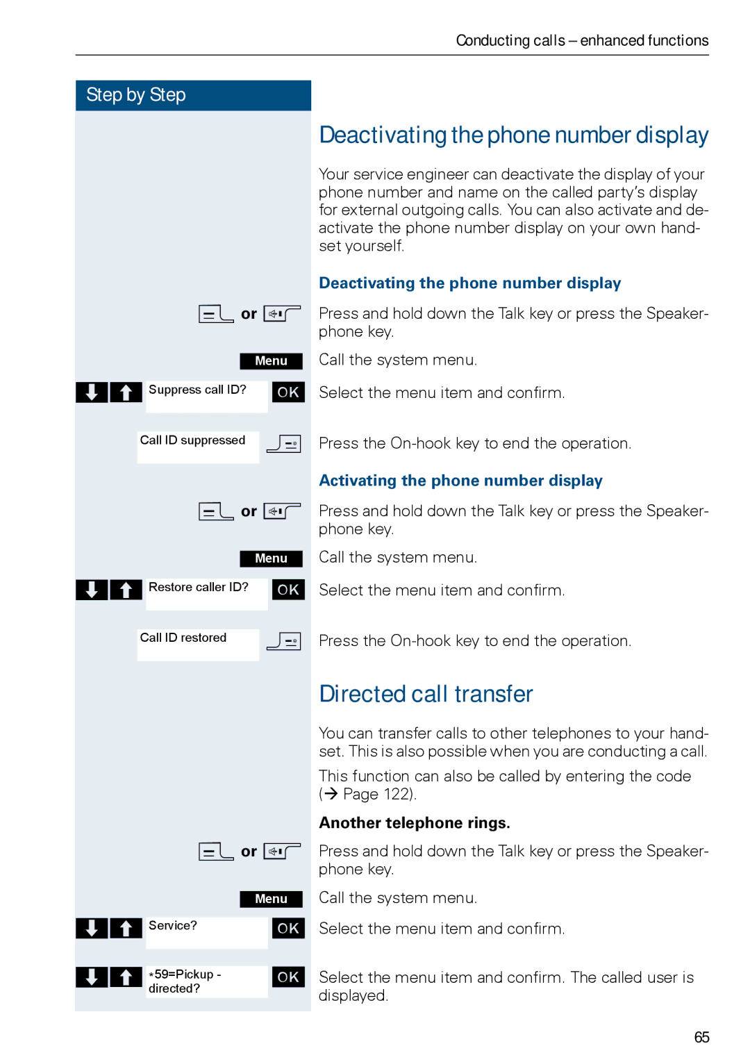 Siemens HiPath 500 Directed call transfer, Deactivating the phone number display, Activating the phone number display 