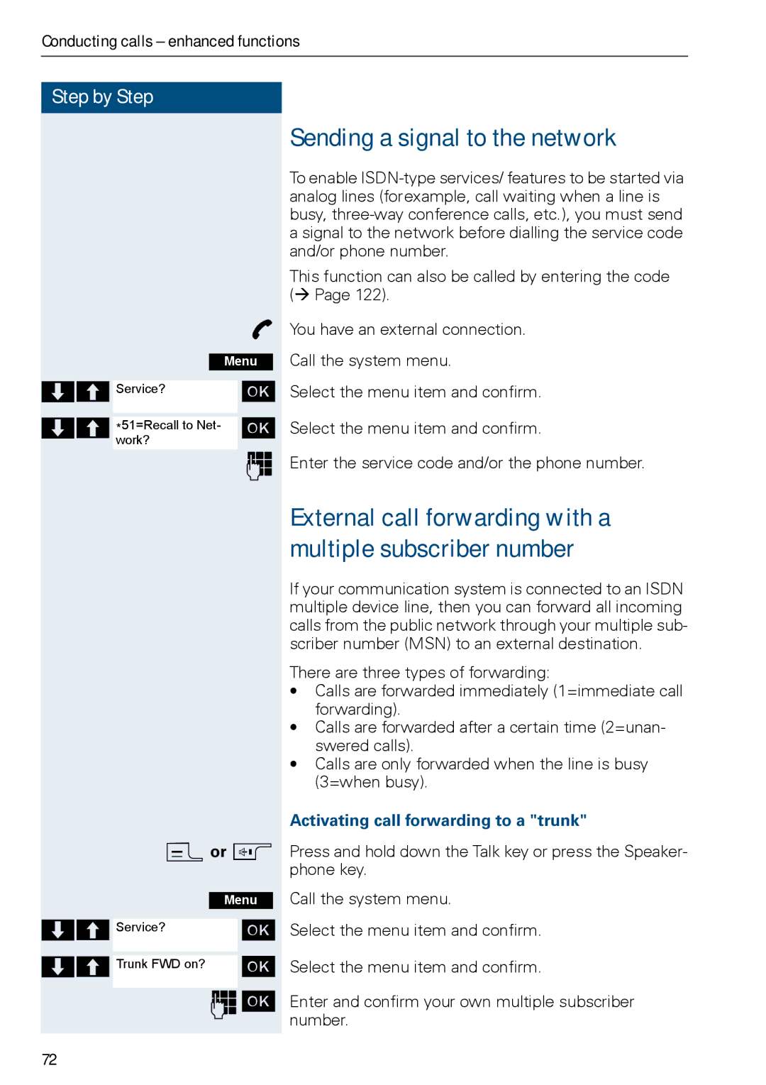 Siemens HIPATH 3000, HiPath 500 Sending a signal to the network, Activating call forwarding to a trunk 