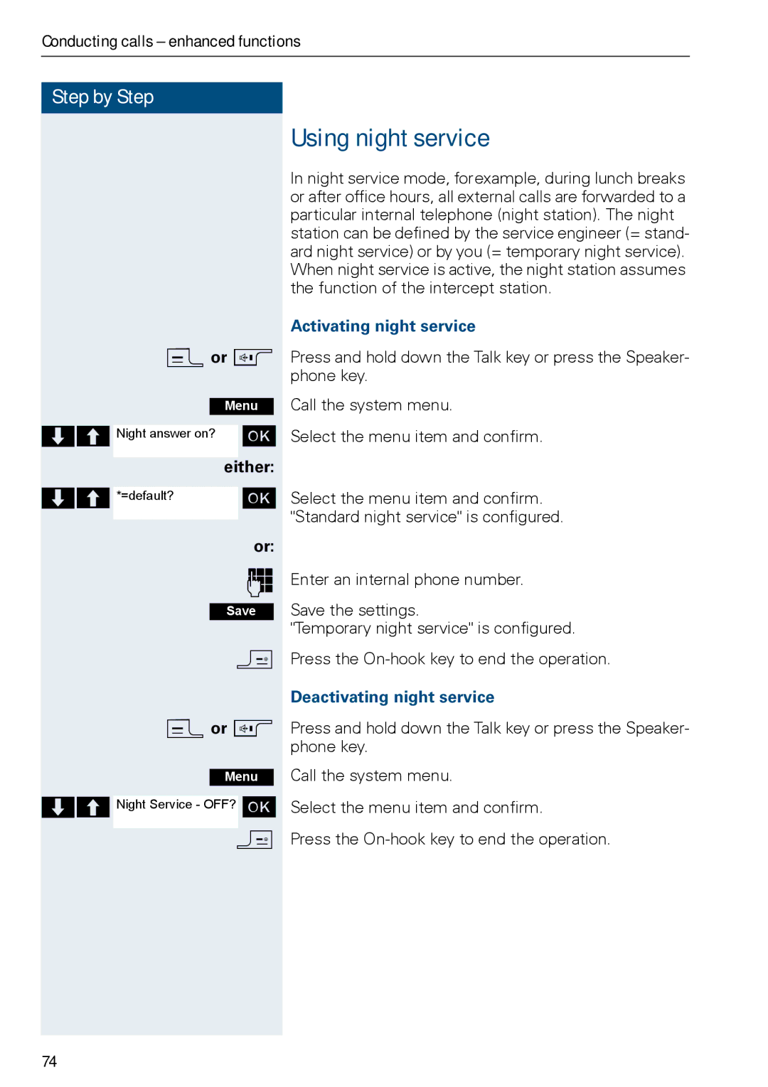 Siemens HIPATH 3000, HiPath 500 Using night service, Activating night service, Deactivating night service 