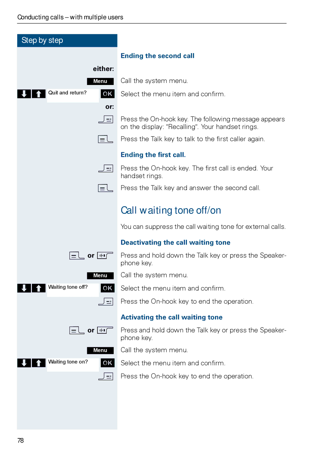 Siemens HIPATH 3000, HiPath 500 Call waiting tone off/on, Ending the second call, Ending the first call 