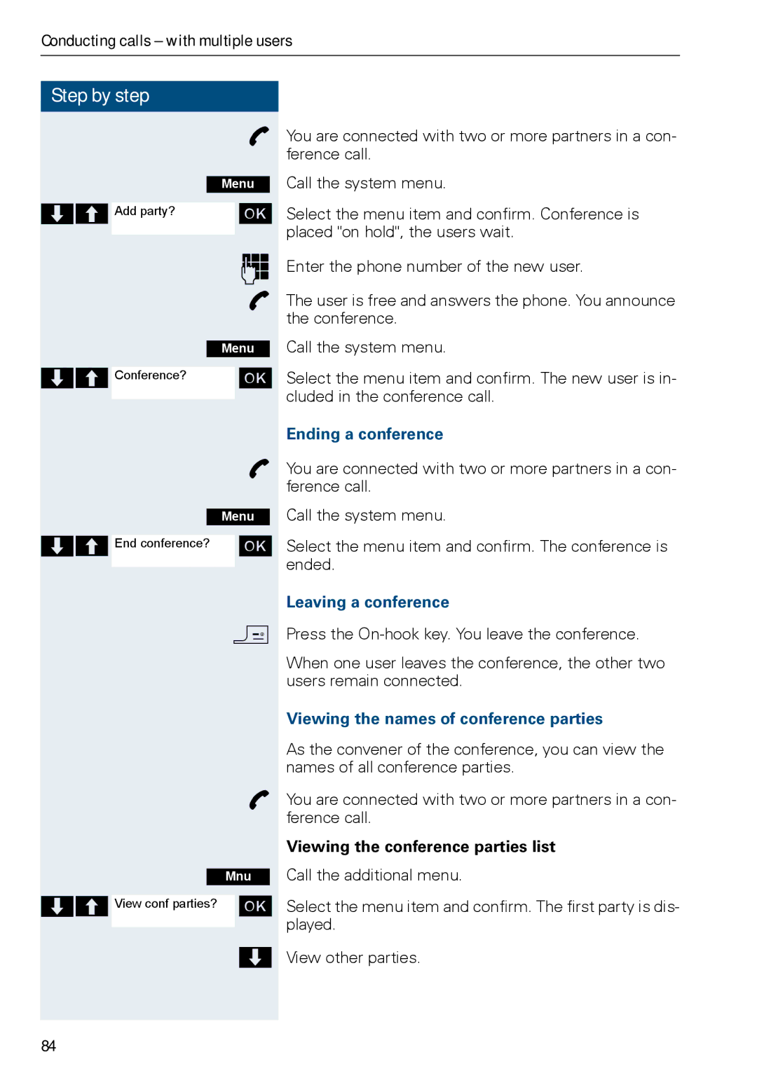 Siemens HIPATH 3000, HiPath 500 Ending a conference, Leaving a conference, Viewing the names of conference parties 