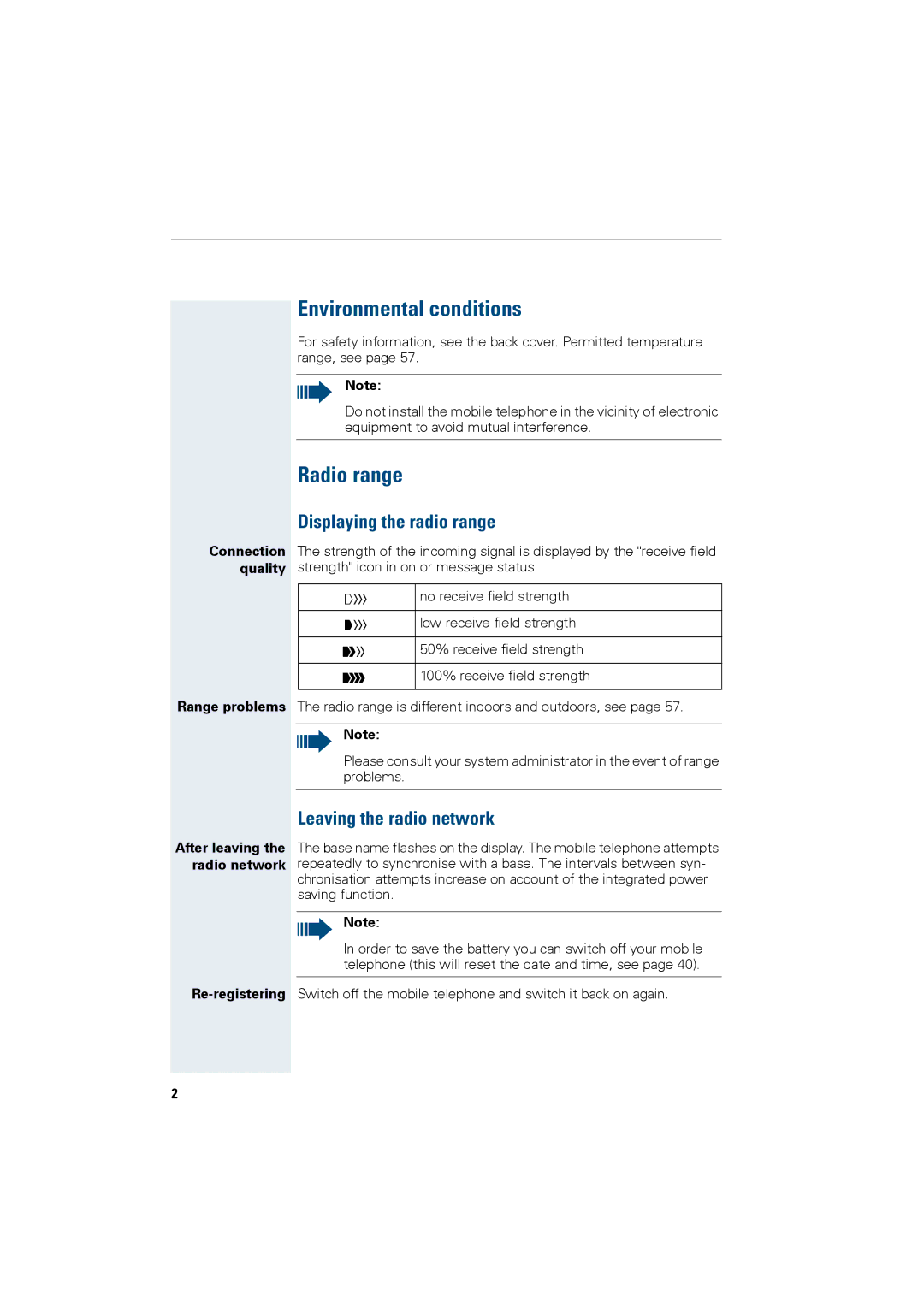 Siemens HiPath 4000 Environmental conditions, Radio range, Displaying the radio range, Leaving the radio network 