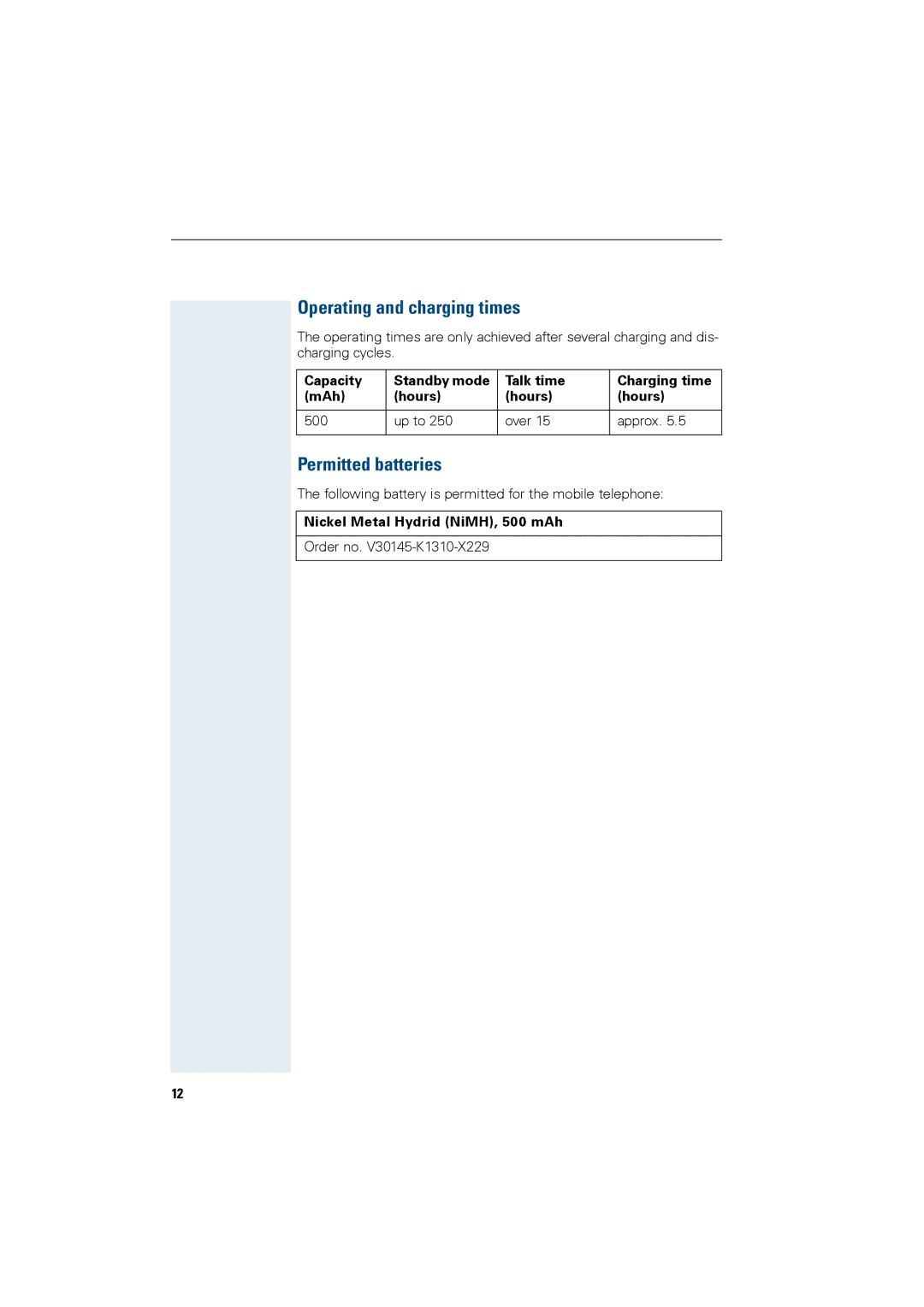 Siemens HiPath 4000 Operating and charging times, Permitted batteries, Nickel Metal Hydrid NiMH, 500 mAh 