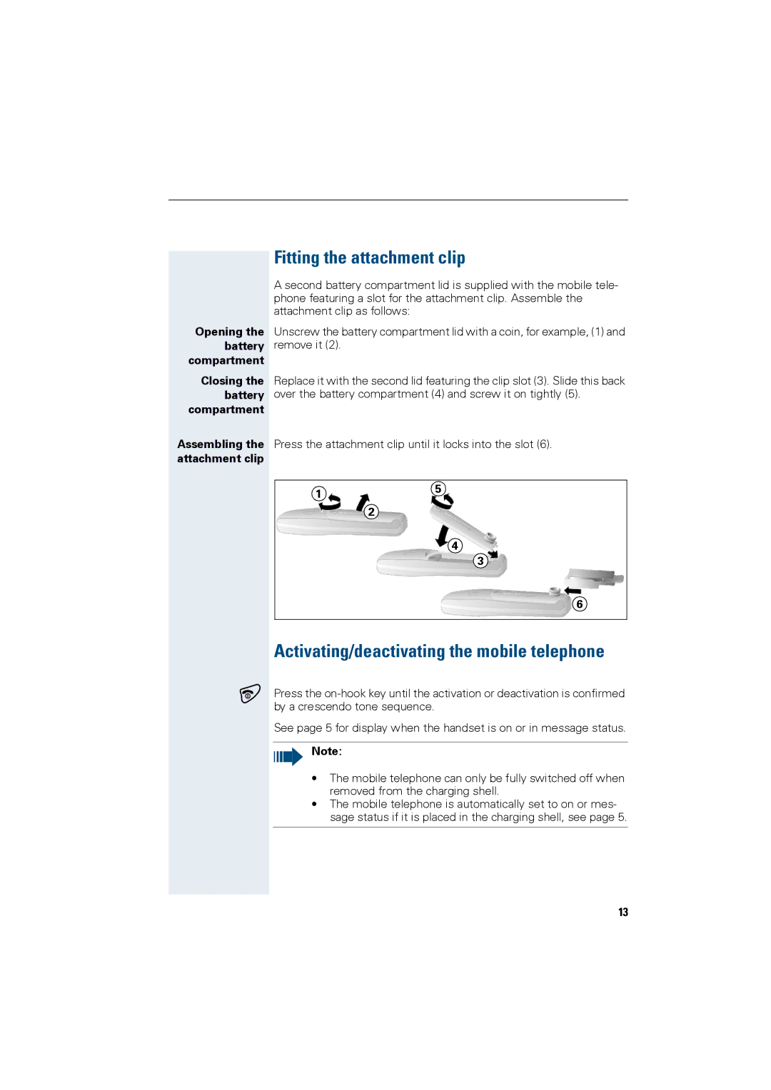 Siemens HiPath 4000 operating instructions Fitting the attachment clip, Activating/deactivating the mobile telephone 