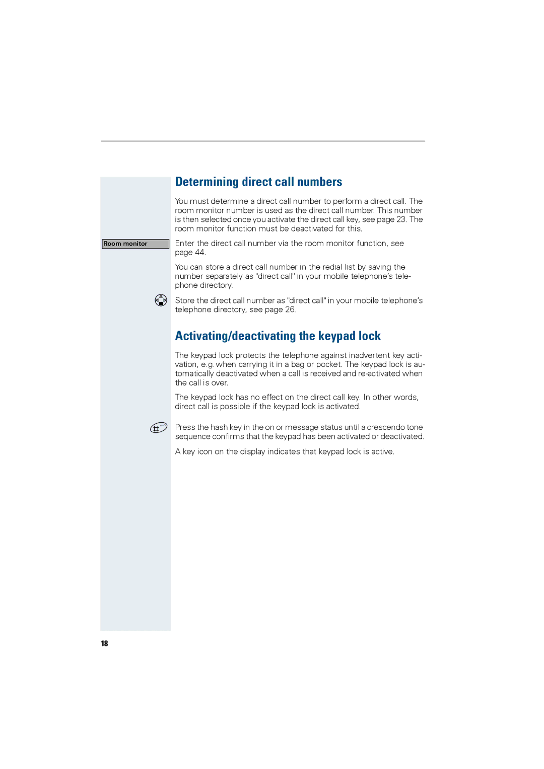 Siemens HiPath 4000 operating instructions Determining direct call numbers, Activating/deactivating the keypad lock 