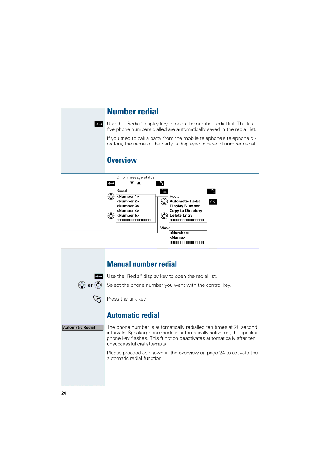 Siemens HiPath 4000 operating instructions Number redial, Overview, Manual number redial, Automatic redial 