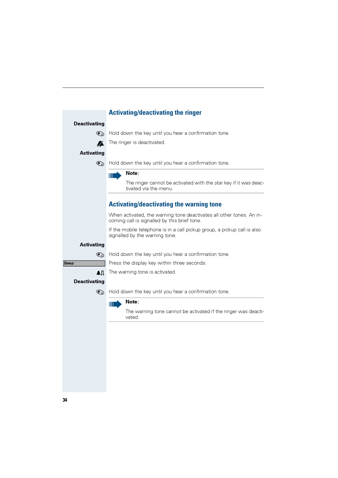 Siemens HiPath 4000 operating instructions Activating/deactivating the ringer, Activating/deactivating the warning tone 