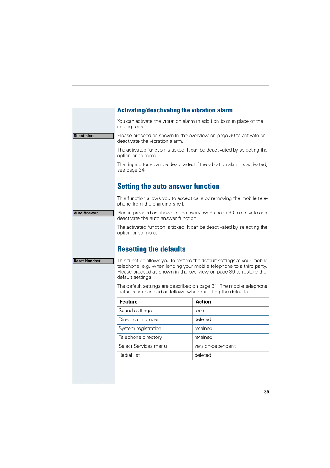 Siemens HiPath 4000 Setting the auto answer function, Resetting the defaults, Activating/deactivating the vibration alarm 