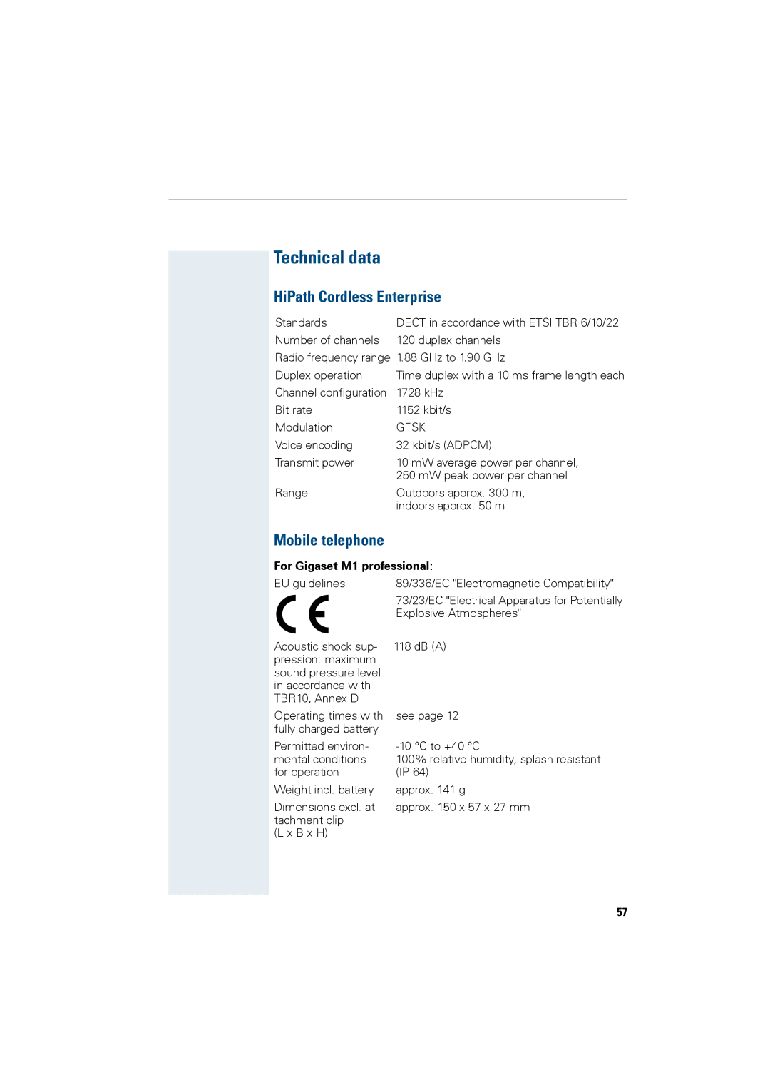 Siemens HiPath 4000 Technical data, HiPath Cordless Enterprise, Mobile telephone, For Gigaset M1 professional 