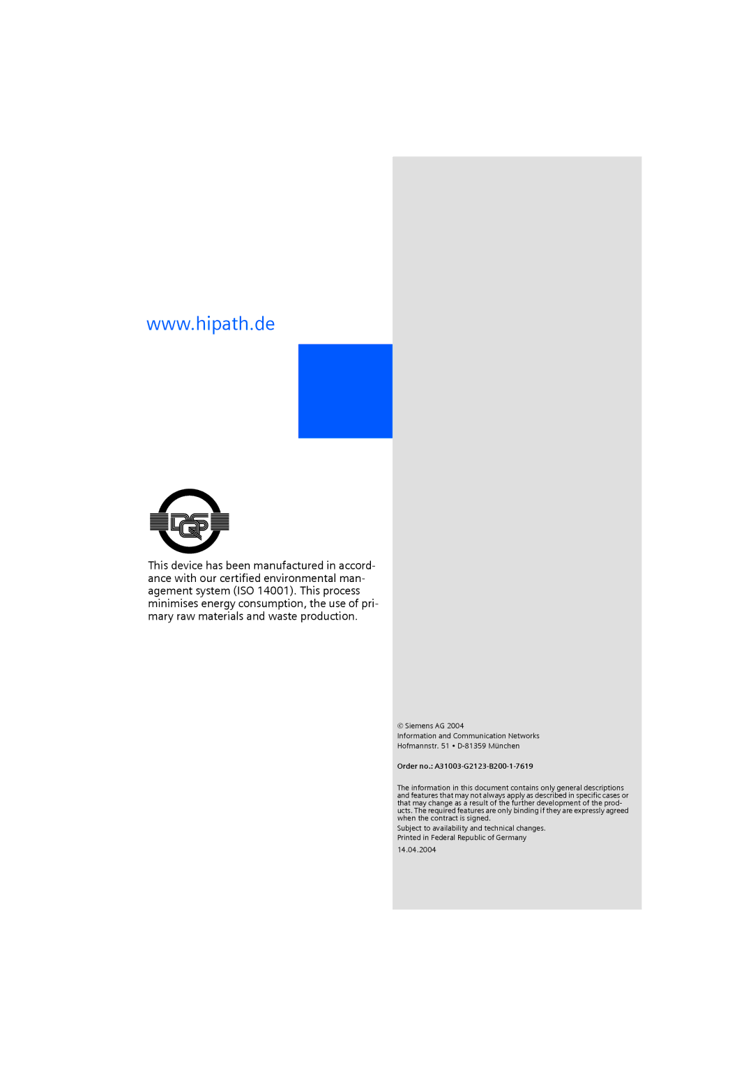 Siemens HiPath 4000 operating instructions Order no. A31003-G2123-B200-1-7619 