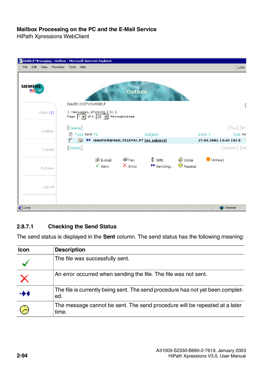 Siemens HiPath Xpressions Unified Messaging user manual Checking the Send Status, Icon Description 