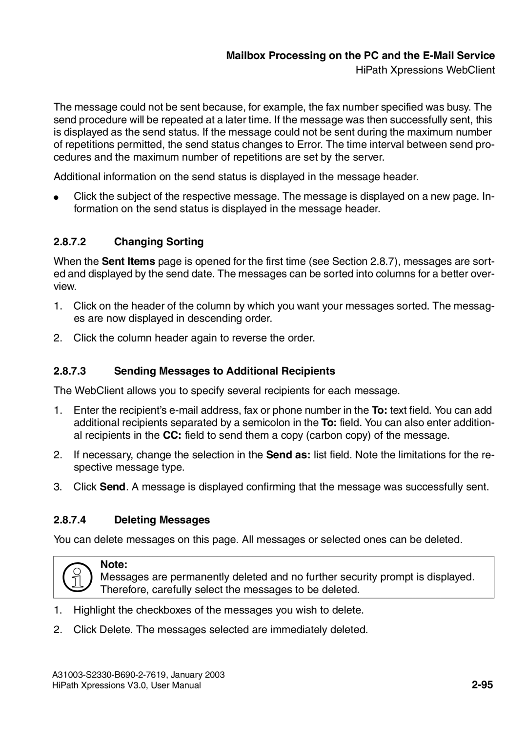 Siemens HiPath Xpressions Unified Messaging Changing Sorting, Sending Messages to Additional Recipients, Deleting Messages 