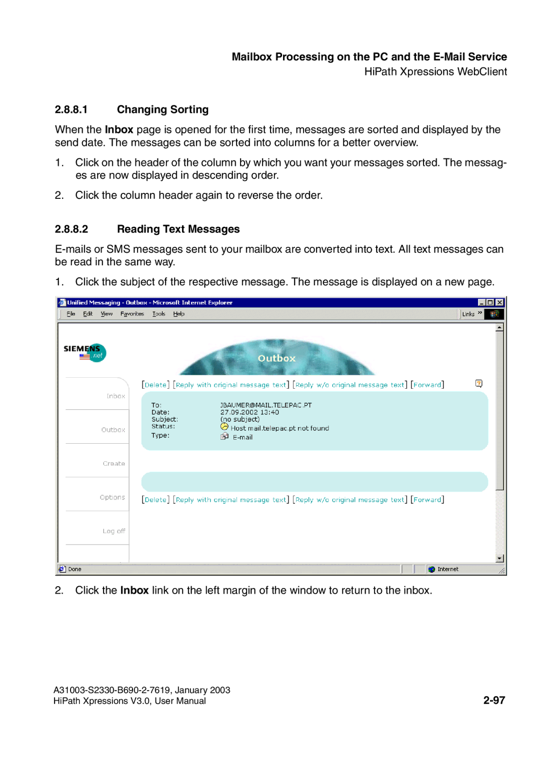 Siemens HiPath Xpressions Unified Messaging user manual Reading Text Messages 