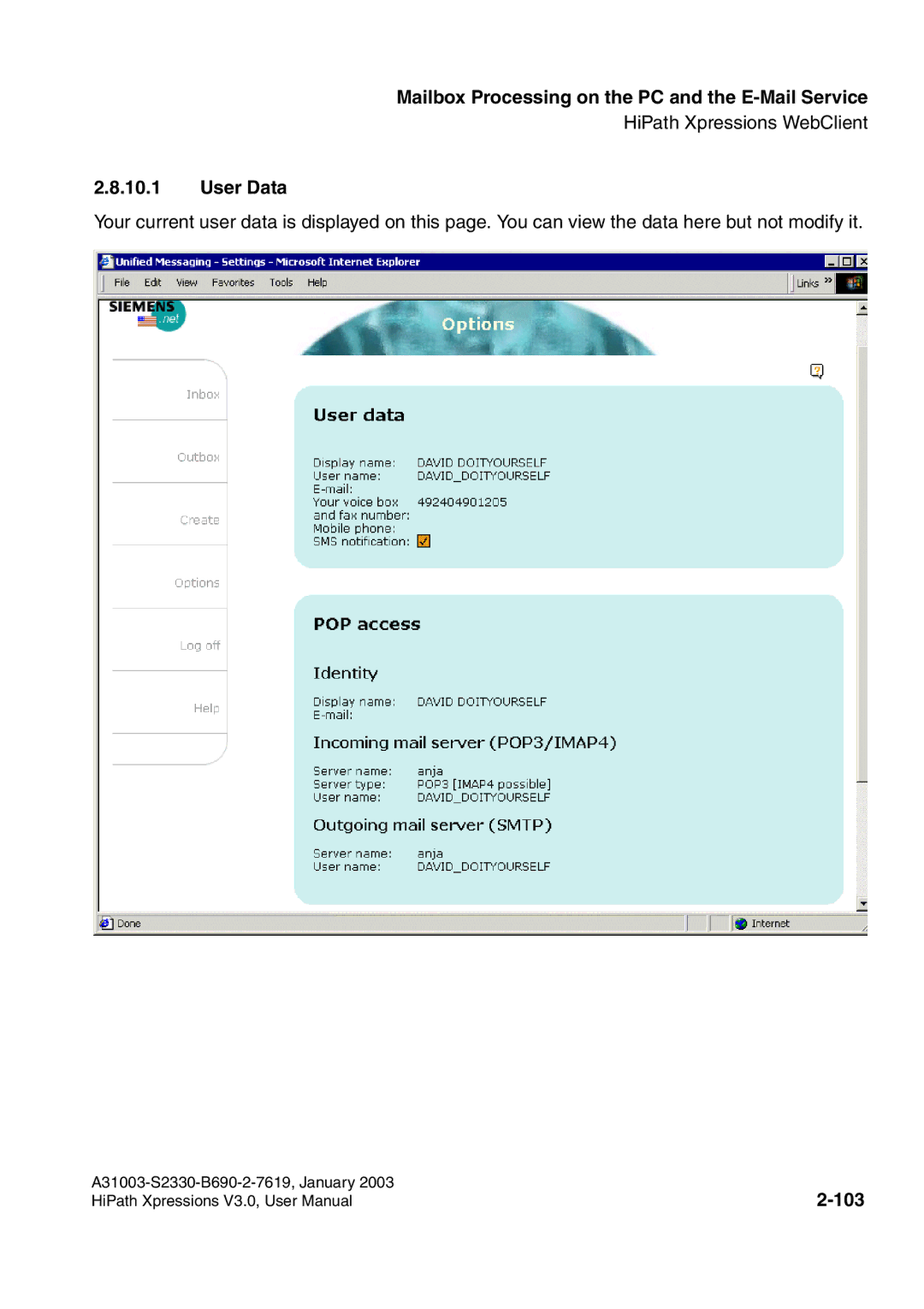 Siemens HiPath Xpressions Unified Messaging user manual User Data, 103 