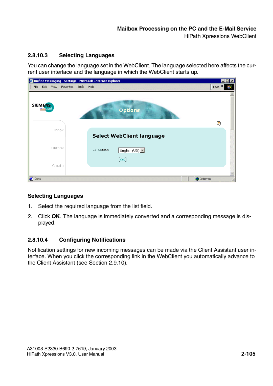 Siemens HiPath Xpressions Unified Messaging user manual Selecting Languages, Configuring Notifications, 105 