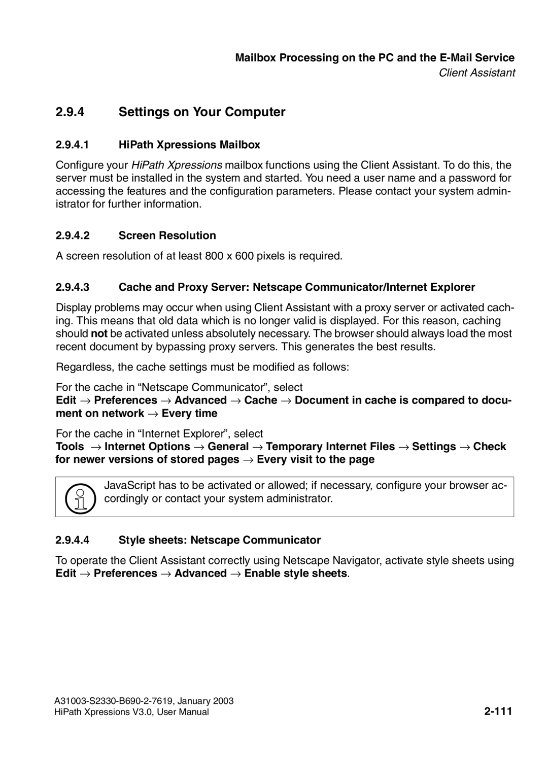 Siemens HiPath Xpressions Unified Messaging Settings on Your Computer, HiPath Xpressions Mailbox, Screen Resolution, 111 