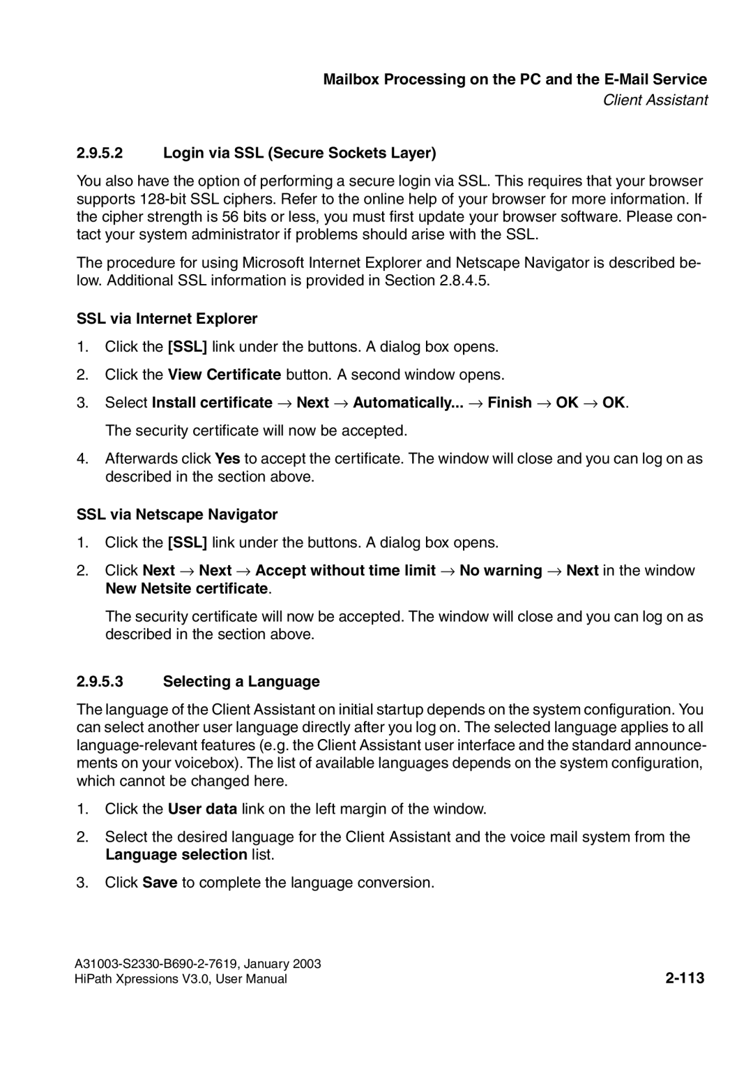 Siemens HiPath Xpressions Unified Messaging user manual Login via SSL Secure Sockets Layer, 113 