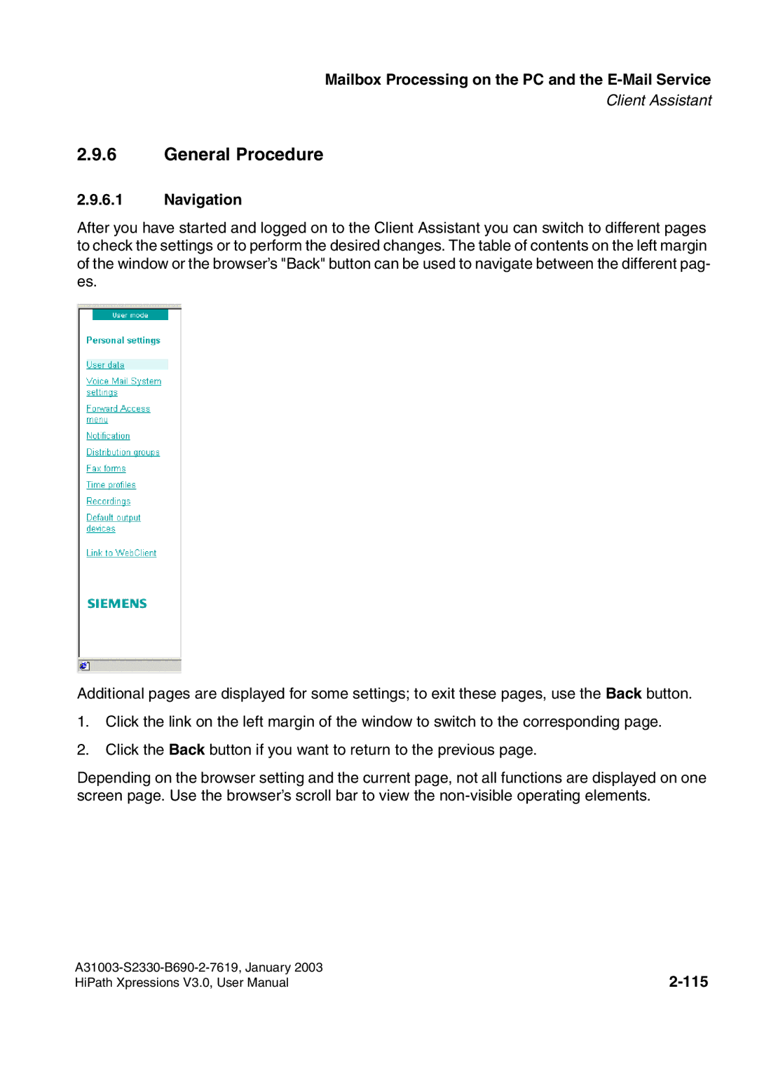 Siemens HiPath Xpressions Unified Messaging user manual General Procedure, 115 