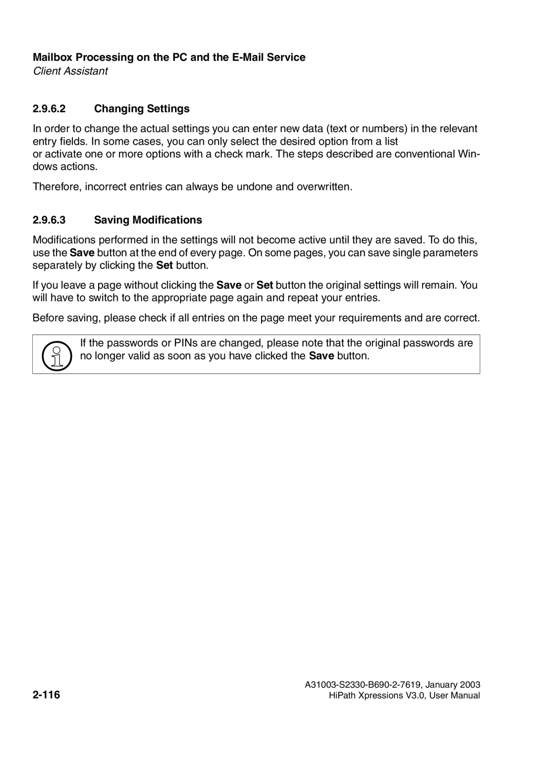 Siemens HiPath Xpressions Unified Messaging user manual Changing Settings, Saving Modifications, 116 