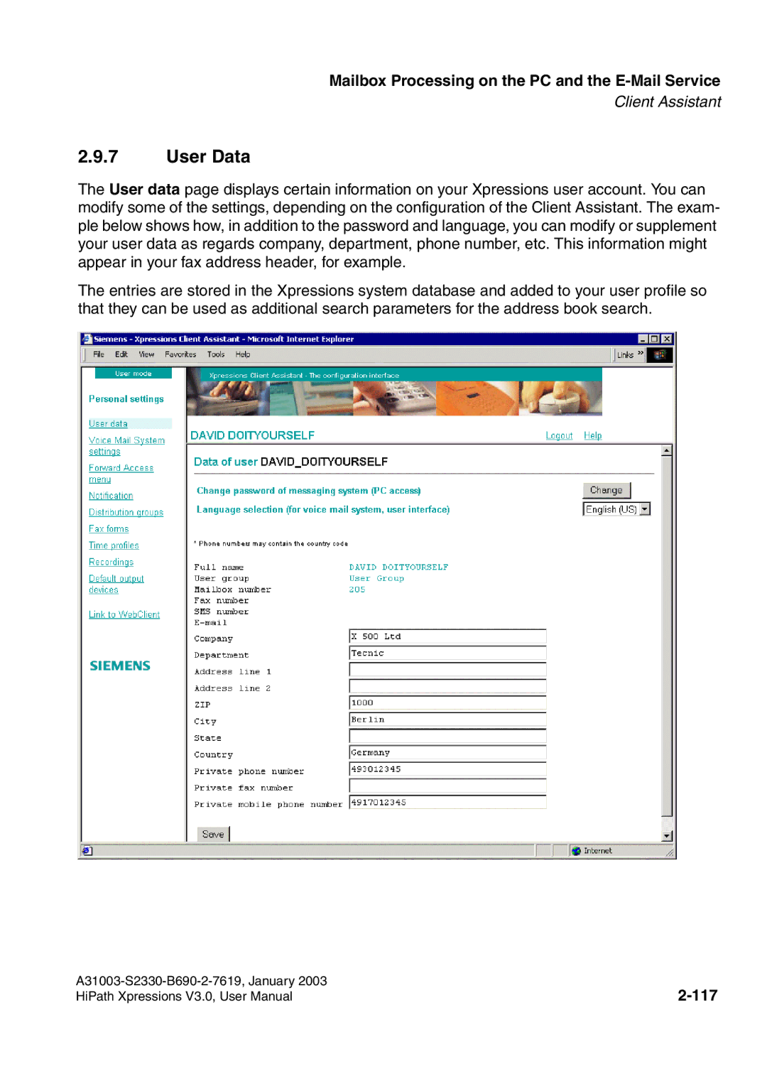 Siemens HiPath Xpressions Unified Messaging user manual User Data, 117 